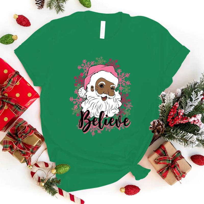 Unisex T-shirty z krótkim rękawem Świąteczne z nadrukiem Wierz w Świętego Mikołaja Damskie Codzienne Topy Harajuku Zabawne T-shirty