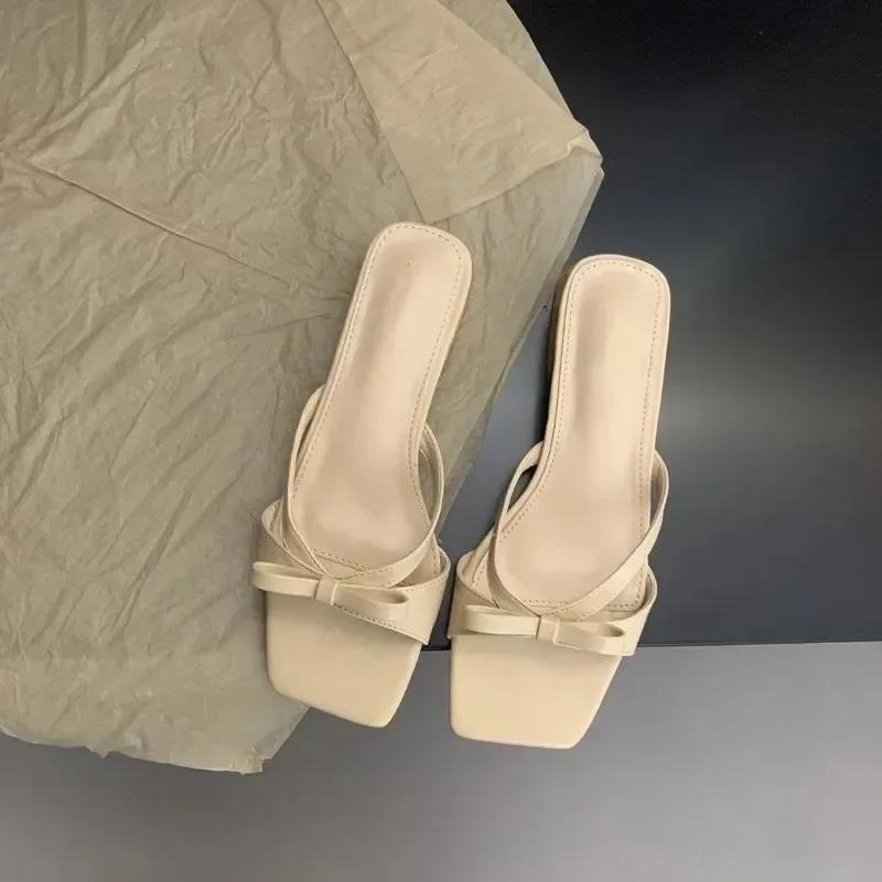 Summer Women's Shoes Square Heels Elegant Women Slippers Outside Bowknot Leather Female Slides Fashion Women's Sandals