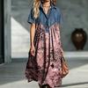 Women's Casual Denim Patchwork Dress Loose Fit Vintage Print Button Dress for Everyday Wear