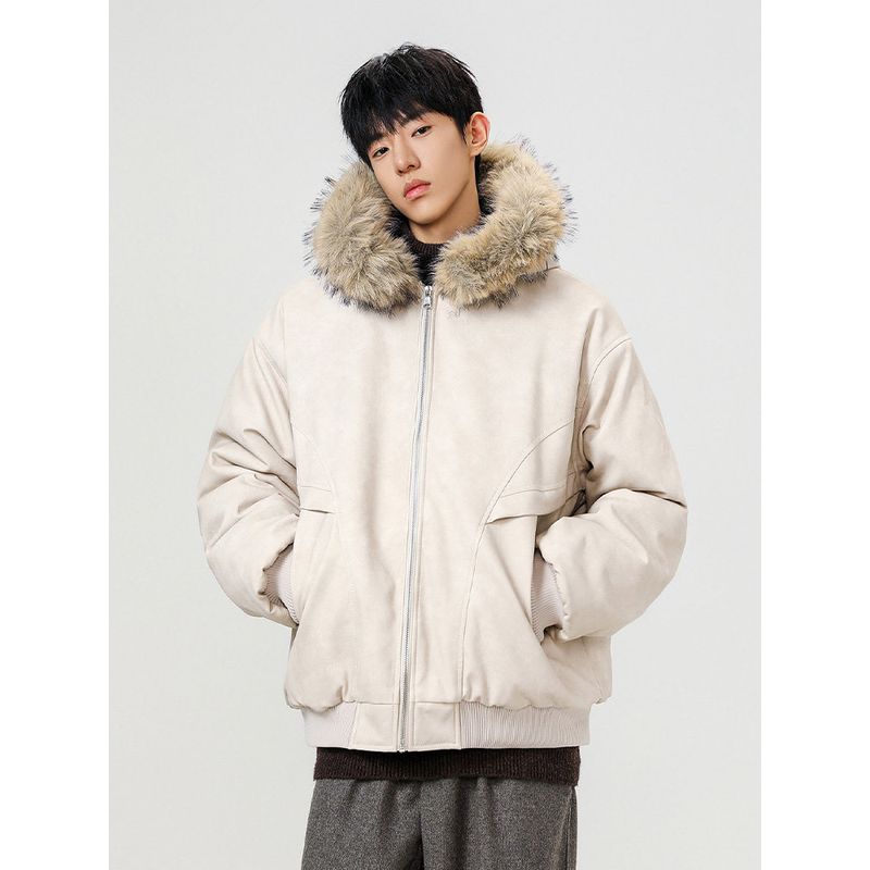 Wassup Large Fur Collar Pu Leather Cotton Jacket for Men and Women, Winter Faux Mink Velvet Thickened Warm Workwear Cotton Coat