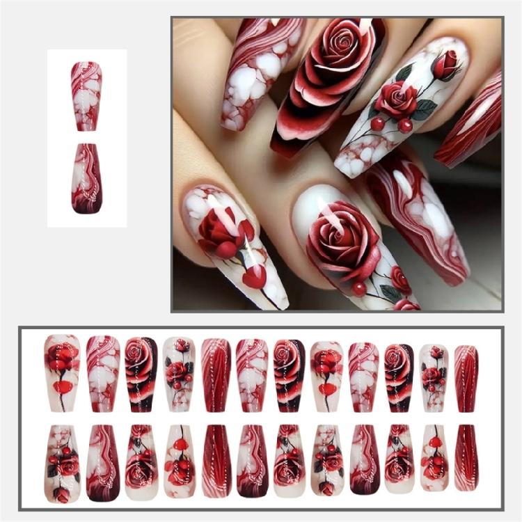 24 Pcs Flowers Press On Nail Medium Ballerinas Stick On Nail Glossy Artificial Nail Valentines Day False Nail