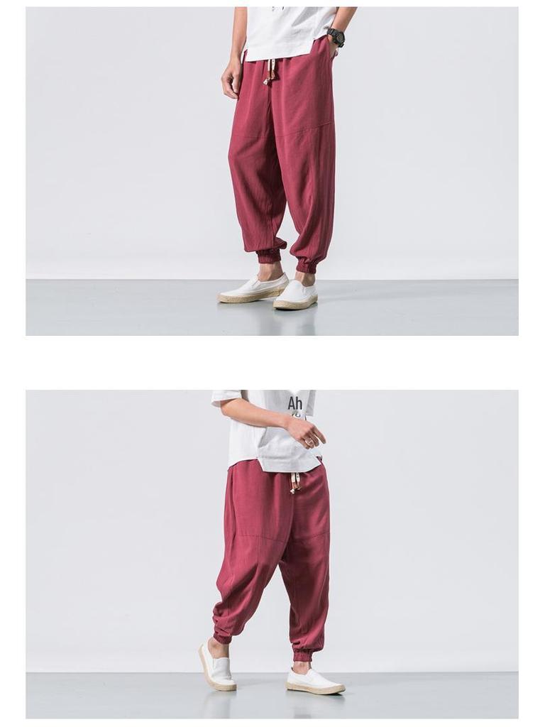 2022 Men's Loose Linen Ankle-Length Drawstring Trousers - Youthful Spring/Summer Style, Plus Size, Solid Color.