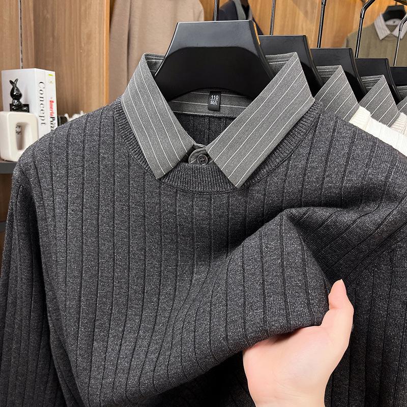 Men's Faux Two-Piece Autumn/Winter Knit Sweater with Shirt Collar - Casual Base Layer for Middle-Aged Dads