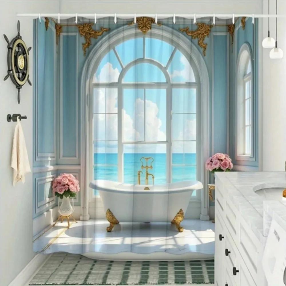 1Pc Baroque Bathroom With Ocean View Shower Curtain Luxurious Vintage Bathroom With Arched Window Showing Ocean View