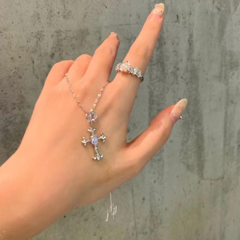 Punk Cross Pendant Necklace Sweet Cool Hip Hop Zircon Clavicle Chain For Women Girl Aesthetic Light Luxury Jewelry