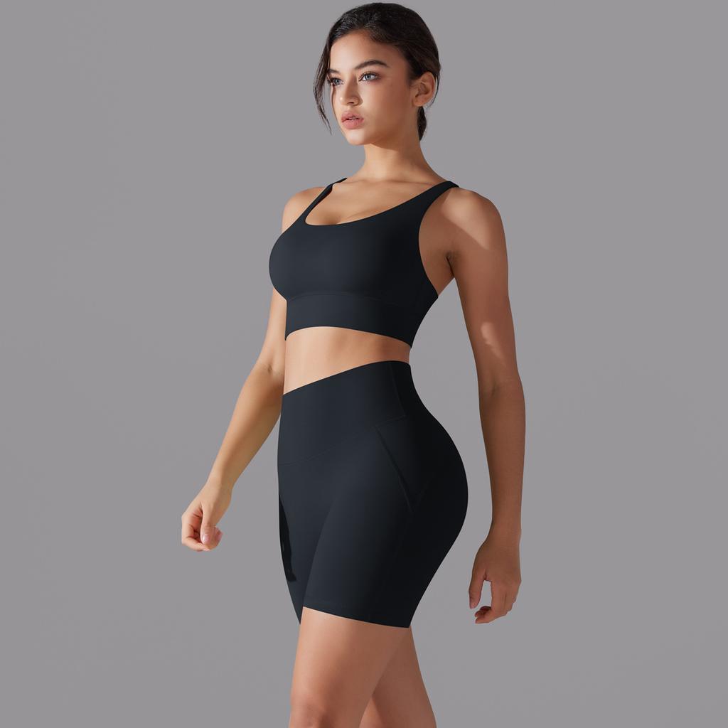 Nessaj Women Black Corss Bra Sport Set Beauty Back Bra Short Pants Gym Yoga Sportswear 2 Piece Workout Sets
