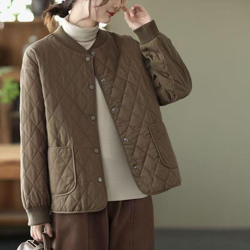 High-End Short Loose Long Sleeve Light Quilted Cotton Jacket Winter Solid Color Cotton-Padded Jacket Casual Plus Size Home Cotton Coat