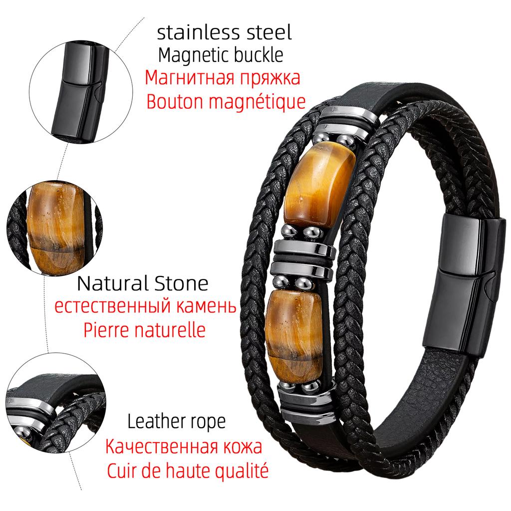 Multi-layer Braided Leather Charm Bracelet Red Blue Tiger Eye Stone Bracelet For Men Simple Stainless Steel Zircon Accessories