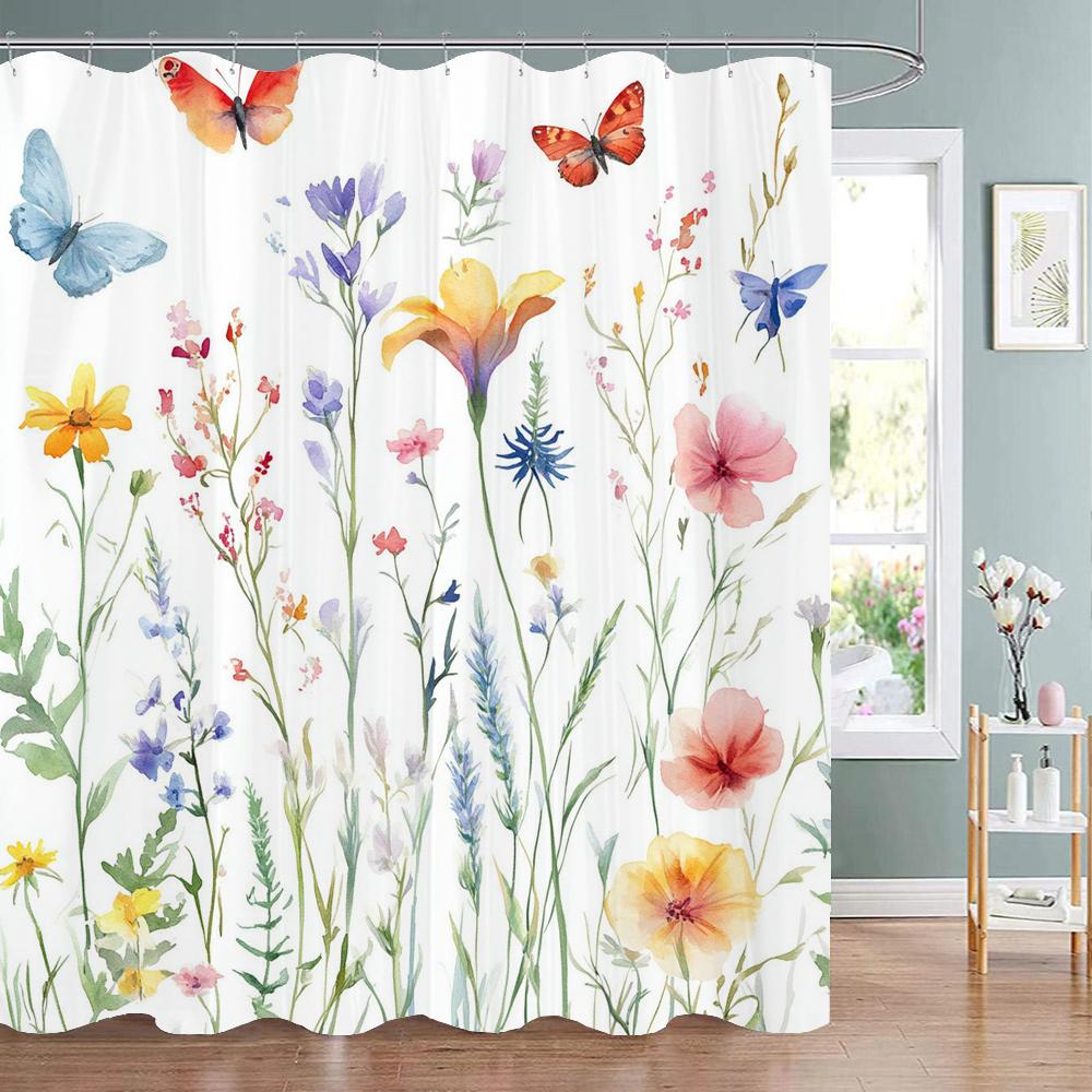 Beautiful Flowers Shower Curtain for Bathroom Blue Floral Romantic Wildflower Plants Nature Scenery Home Decor Curtain with Hook