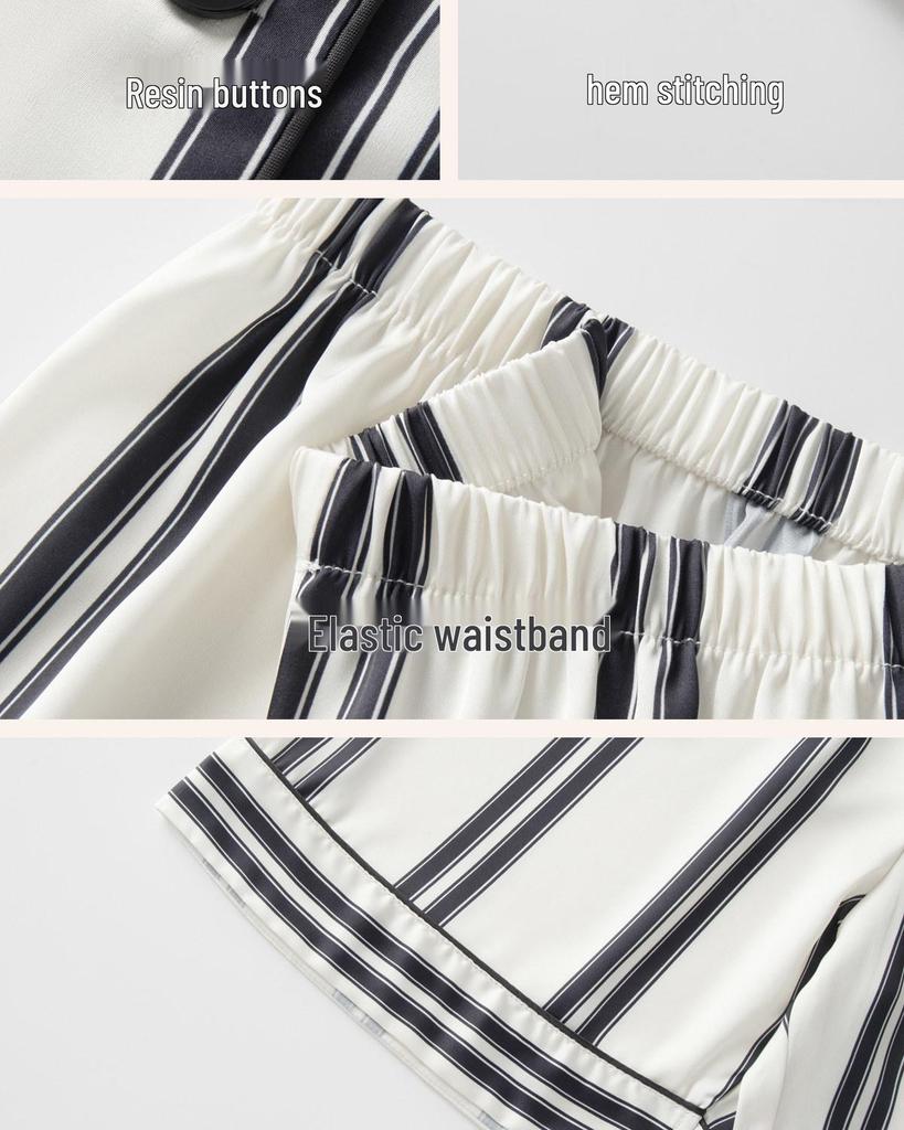 Damen Gestreiftes Eis Seiden Pyjama Set, Kurzarm Oberteil & Shorts für Drinnen oder Draußen