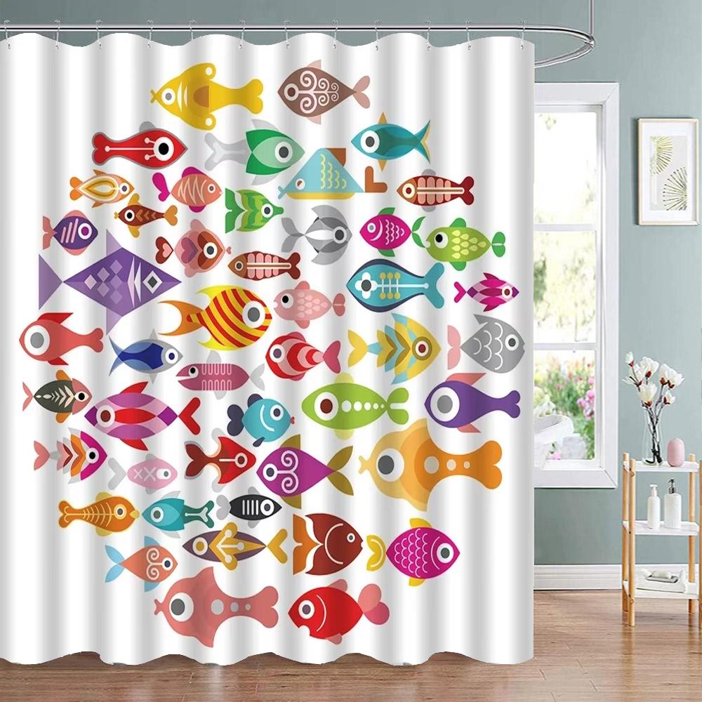 Colorful Cartoons Fish Shark Shower Curtains Ocean Life Children's Bathroom Home Decor Cloth Curtain Set Waterproof Bath Screens