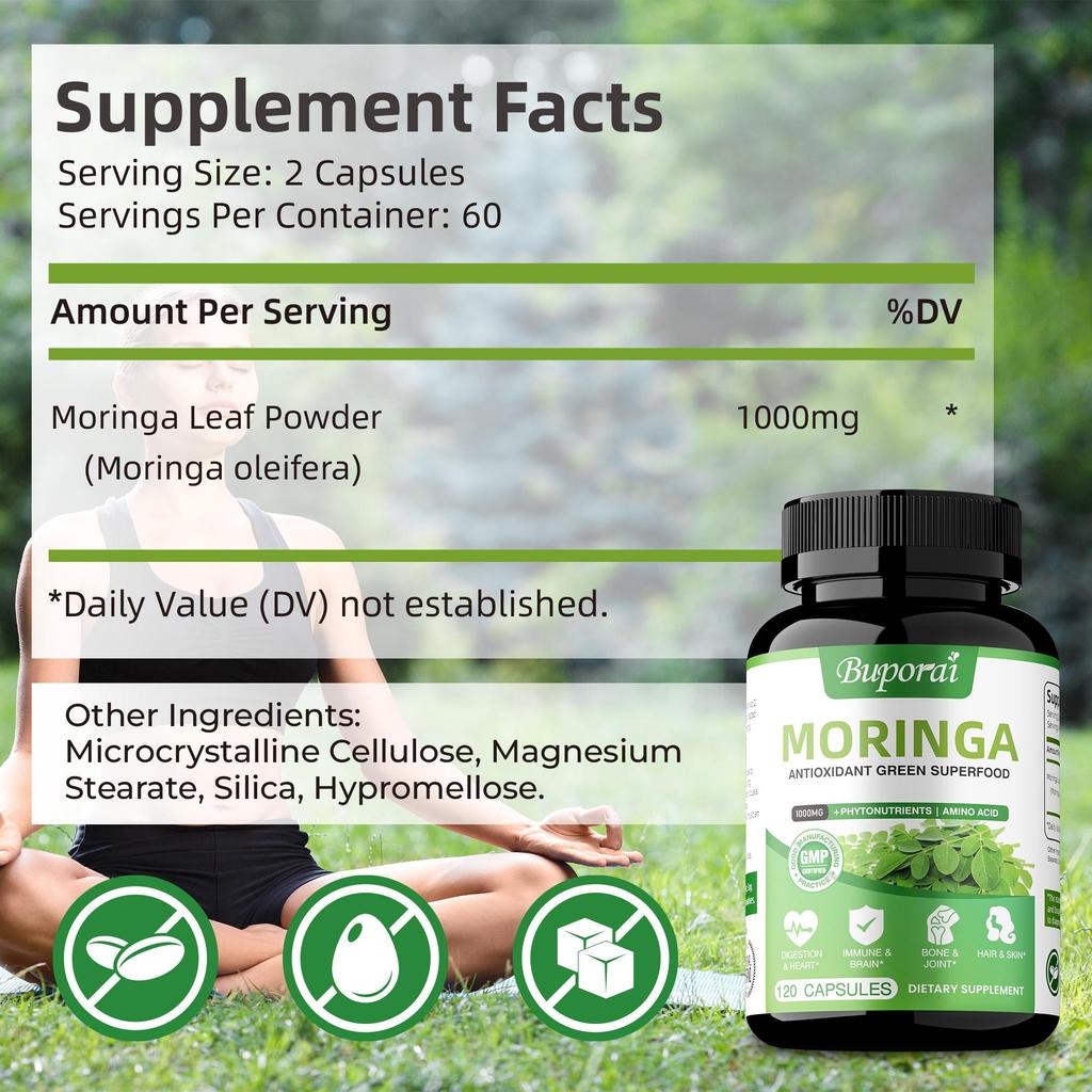 Cápsulas de folhas de moringa, 1000 mg por dose, antioxidante, melhora a saúde da pele e das articulações, adequado para adultos.