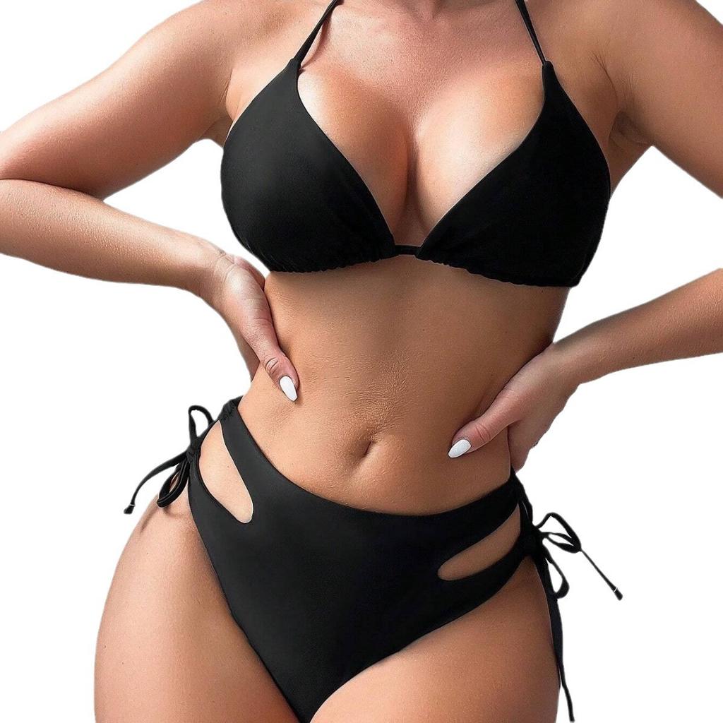 Women's Swimwear Solid Color Mesh Print Top High Waist Hollow Three Piece Sexy Bikini Separate Suit Beach Wear