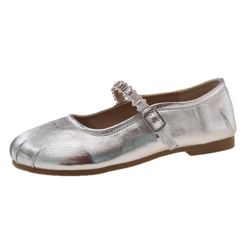 Niche soft sole with silver Mary Jane shoes women's summer flat heel women's round head rhinestone shoes