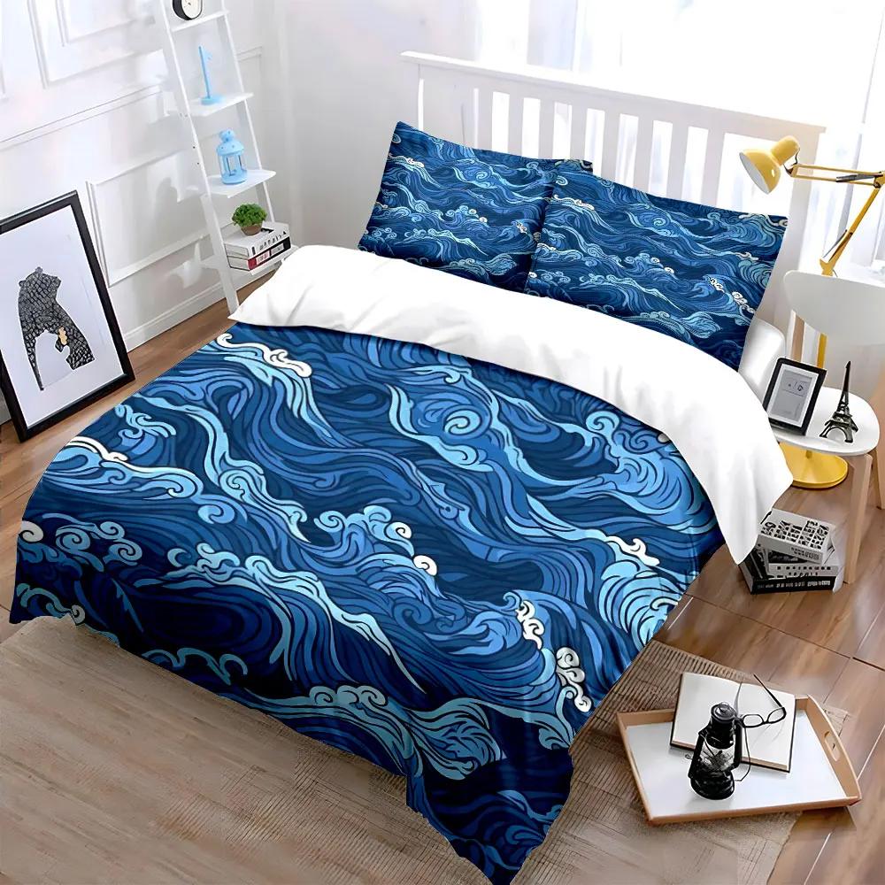 Ocean Waves Decorative Set Bedding Set with 1 Duvet Cover 2 Pillowcases Single Double King Queen Gift