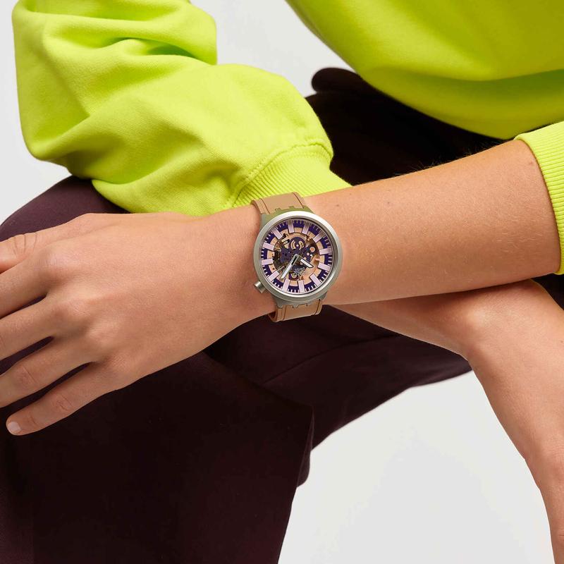 SWATCH Essentials Series Quartz Movement 30 Meters Waterproof Unisex Swiss Watch 47mm Pink Dial Stainless Steel Case Rubber Strap SB07S119
