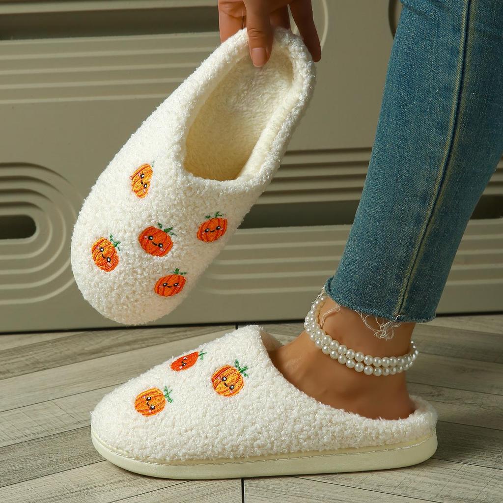 Halloween Pumpkin Cartoon Winter Slippers for Couples - Cozy Cotton with Thick Non-Slip Soles for Men and Women