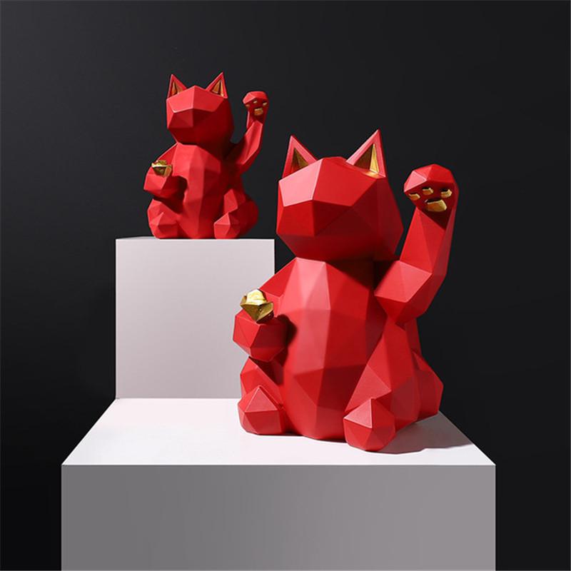 Geometric Lucky Cat Sculpture – Modern Resin Fortune Statue for Home & Office Decor