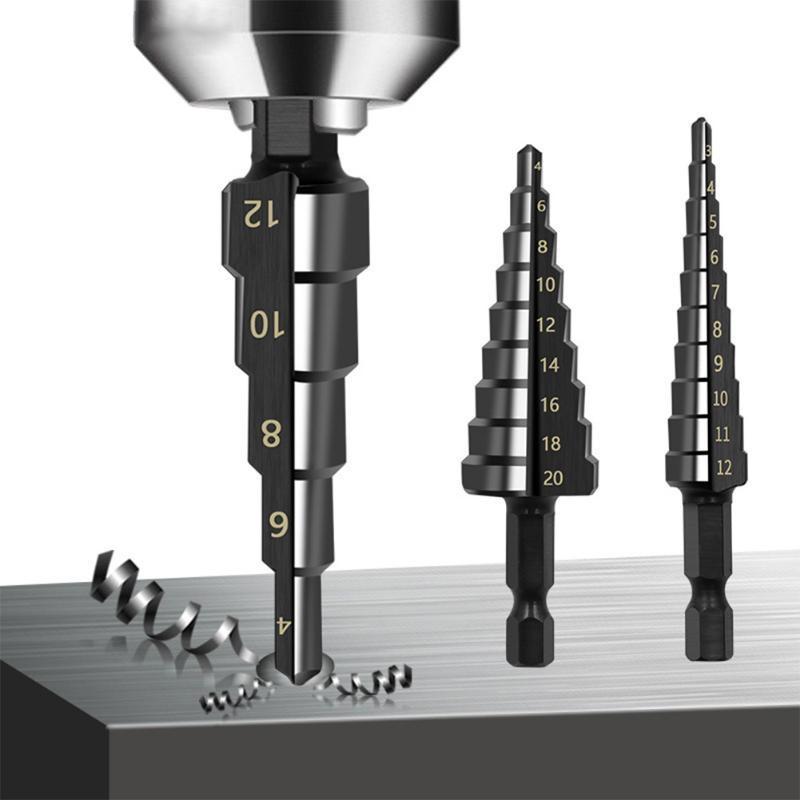 3Pcs Hexagonal Handle Nitrided Black Straight Groove Ladder Drill 3-12 4-12 4-20 High-speed Steel Pagoda Drills Hole Opener Set