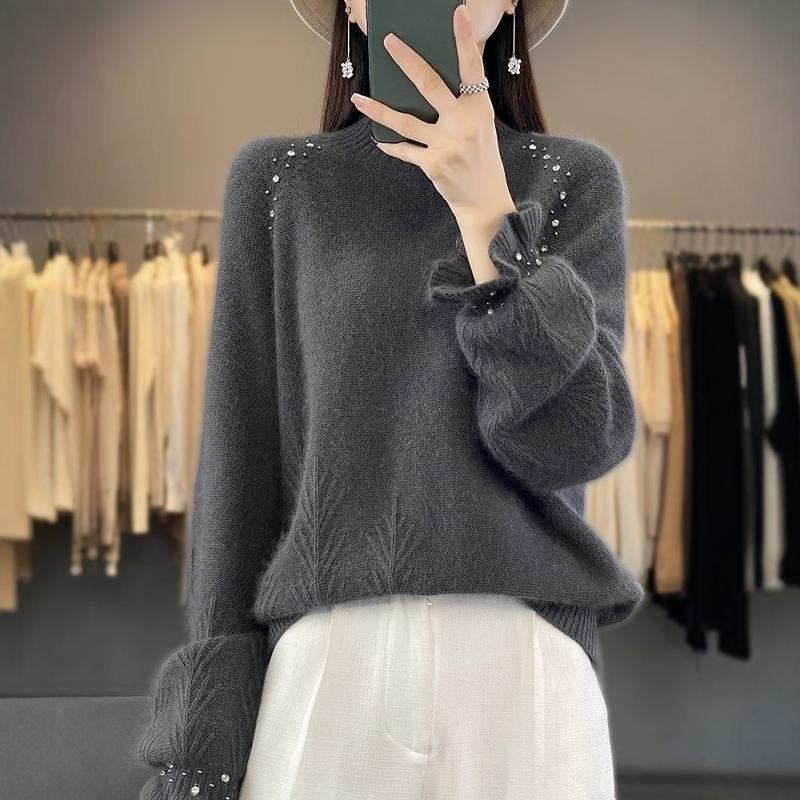 Women's Turtleneck Sweater Autumn Winter Beaded Loose Sweater Solid Color Pullover Knit Top