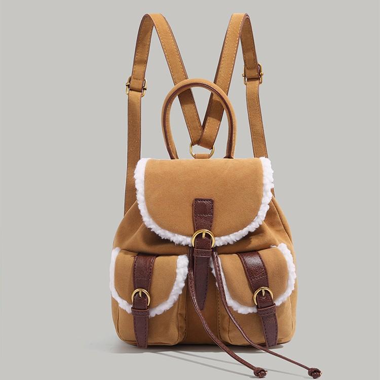 High-end Lambswool Backpack for Women 2024 New Autumn Winter Vintage Style Matte Backpack Student School Bag