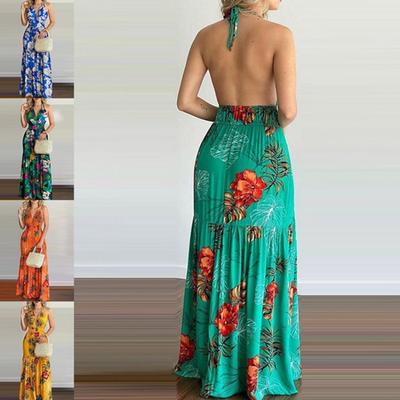Summer New Printed Backless Sexy Dress Women Fashion Halter High Waist Beach Casual Dress for Women Elegant Floral Holiday Long Dresses 24569