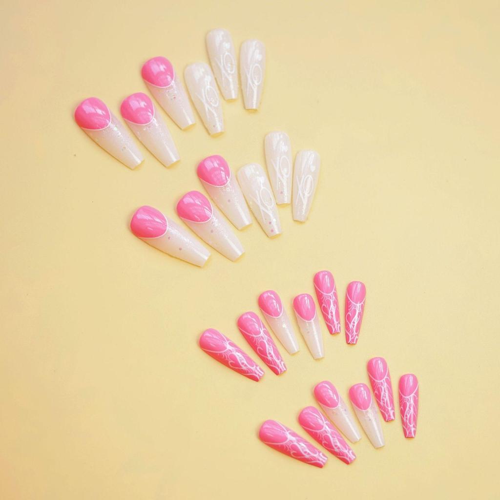 Różowe Serce Gwiezdne Długie Sztuczne Paznokcie - Naklejki Artystyczne do Noszenia, 24 Sztuki