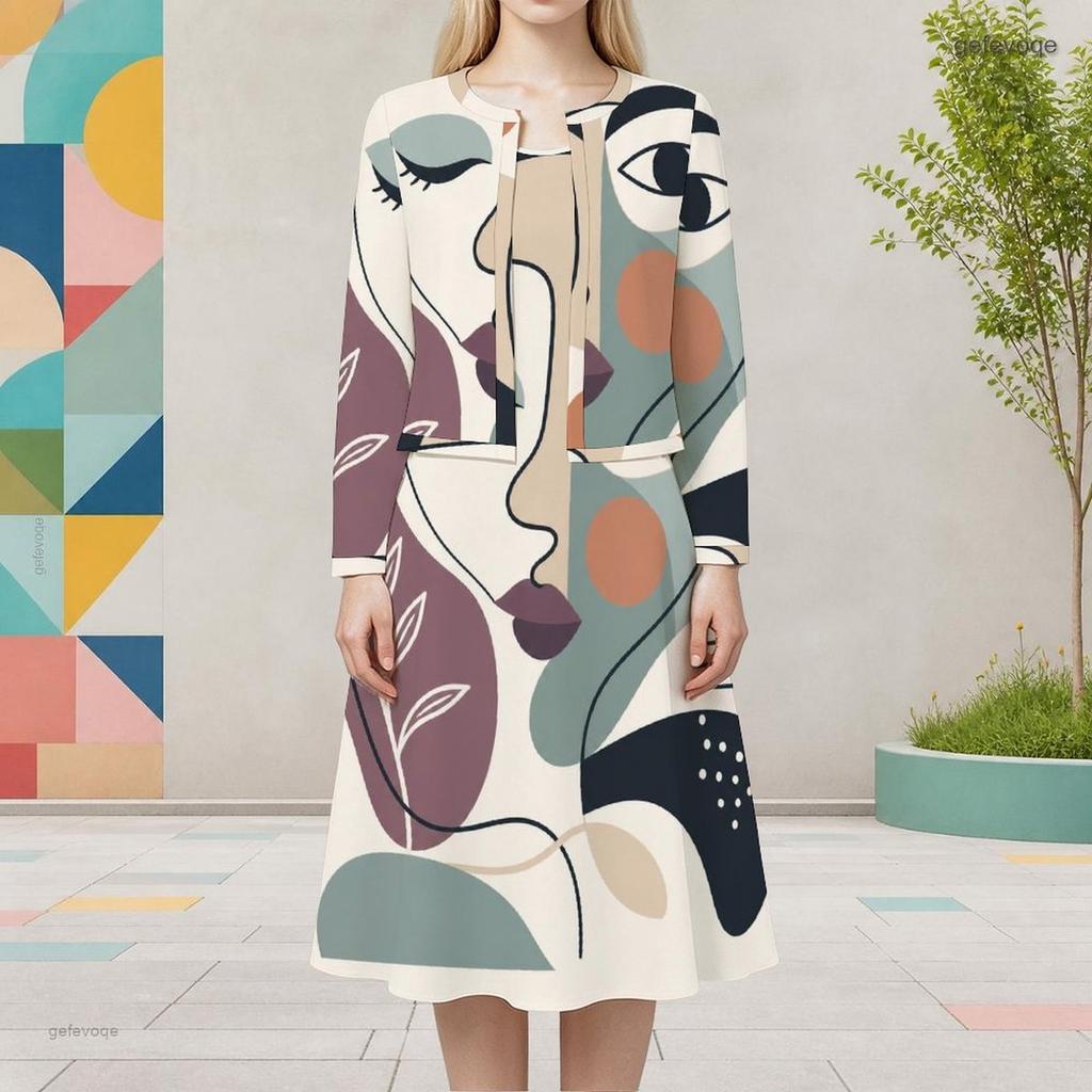Women Plus Size Two Piece Dress Set Round Neck Long Sleeve Printed Cropped Cardigan Sleeveless Midi Dress