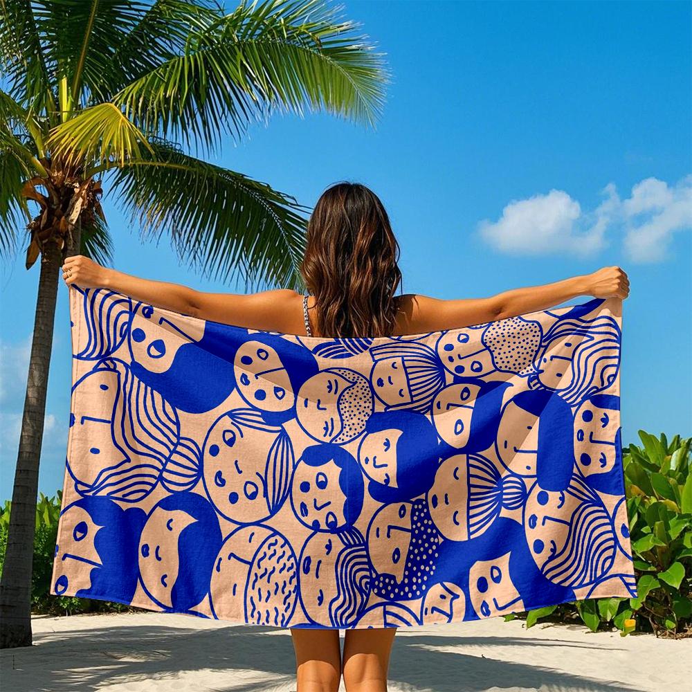 Blue - Lined Cartoon Faces Quick Drying Bath Towel Microfiber Beach Towel - Light Weight Swimming Camping  Yoga Beach Out