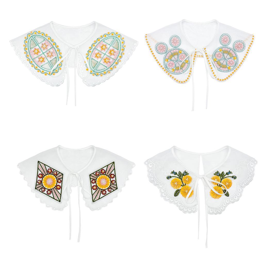 Decorative Fake Collar Neckline for Women Cute Colorful Embroidery Beaded Floral Shawl Scarf Wrap Ribbon Bowknot Capelet