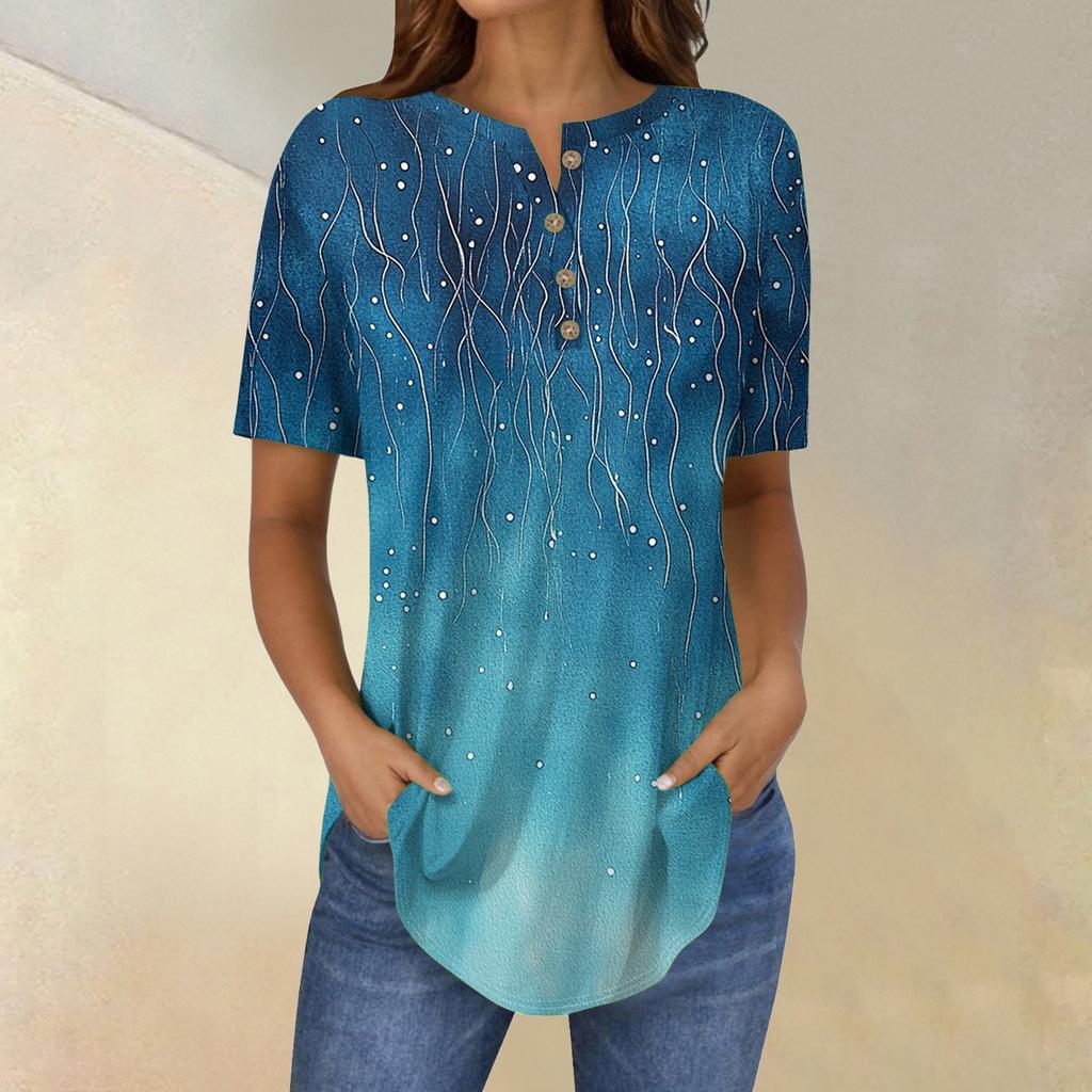 Short Sleeve Womens Tops Summer T-Shirts Floral Print V Neck Casual Basic Tee Button Shirts Tunic Tops