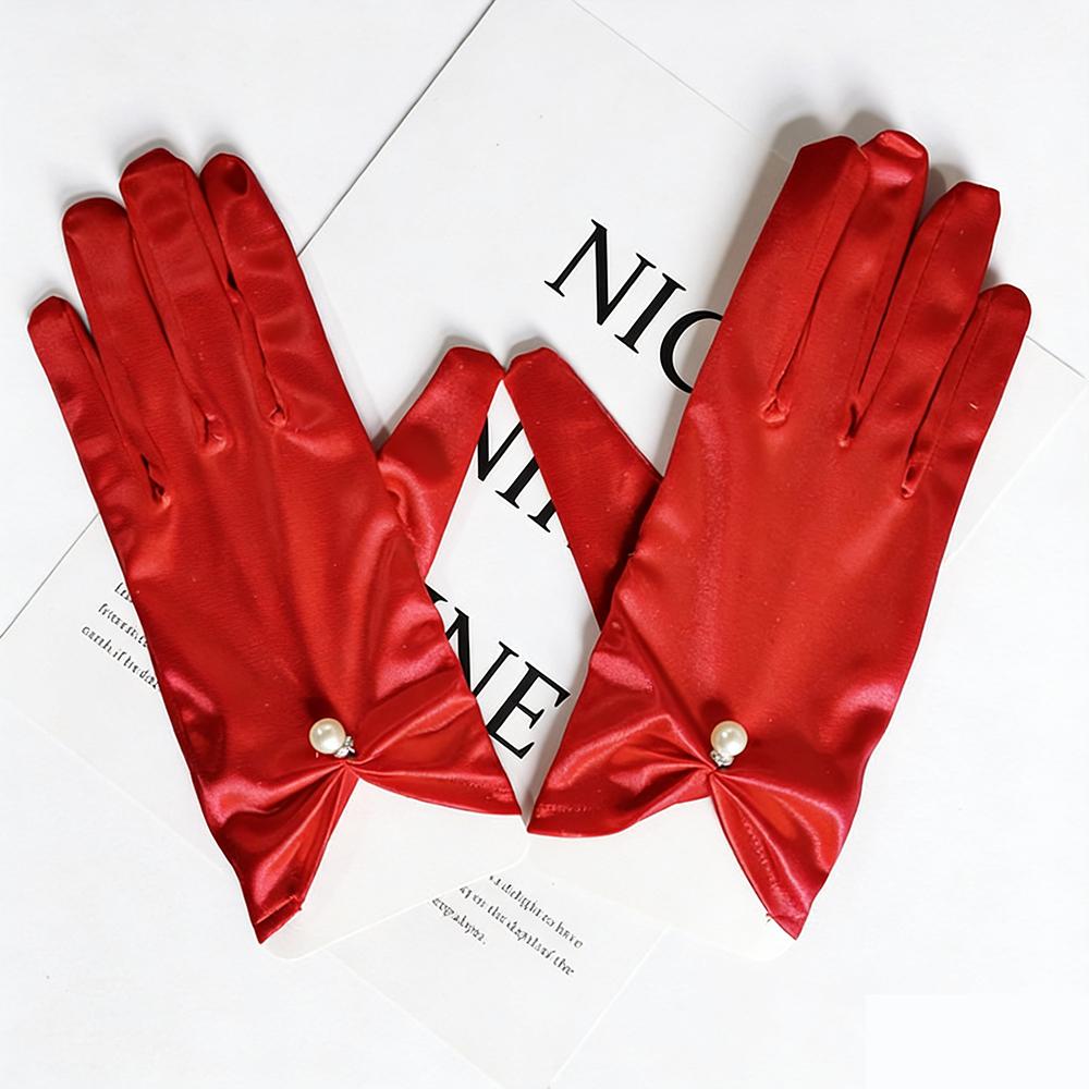 Bridal Gloves Short Elegant Satin Wedding Glove With Pearl Bows Sun-protective Stretchable Vintage-style Gloves Accessories