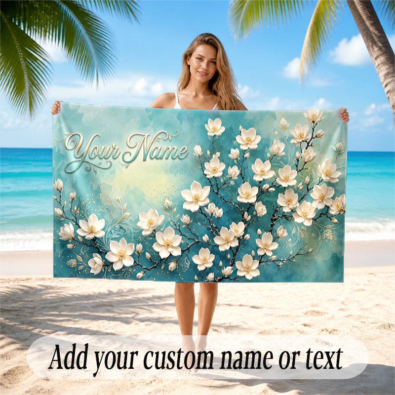 Floral Garden Theme Soft Beach Towel Personalized Custom Name Text Towel Portable for Beach Pool Travel