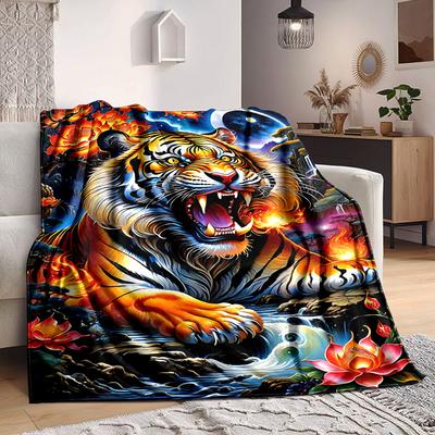 1pc Tiger Fantasy Artwork Blanket Lightweight Flannel Blanket Throw Blanket For Sofa, Bed, Travel, Camping, Livingroom, Office, Couch, Chair, And Bed