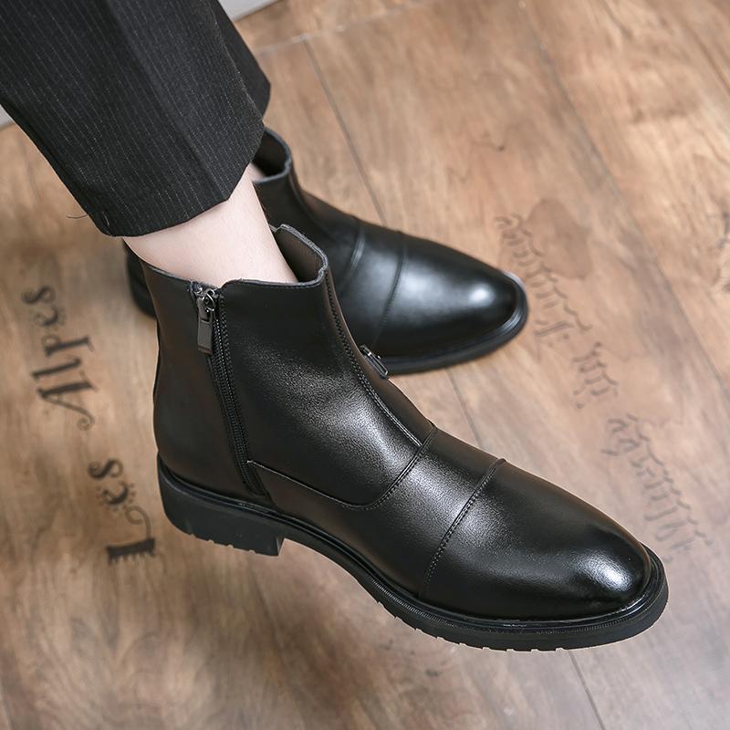 Zimní Nové Luxusní Značkové Pánské Boty Černé Chelsea Boty Pánské Kožené Business Boty na Silné Podrážce Špičaté Špičky Designové Pánské Boty