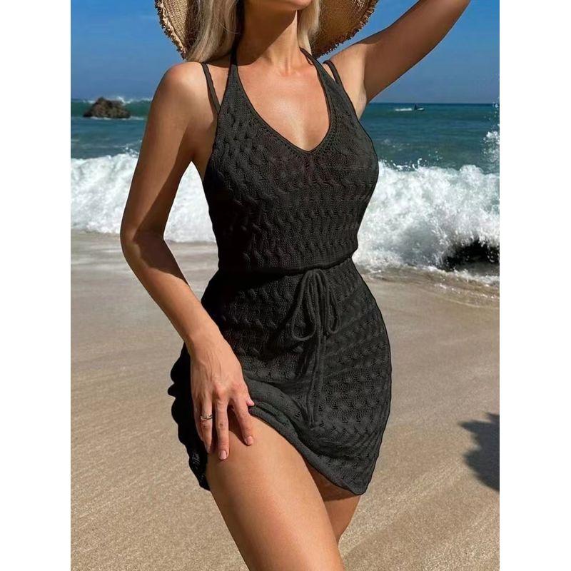 

Fashion Style New Sexy Open Back Cut Out Beach Dress Holiday Shoelace Sun Protection Shirt Sexy Knitted Dress Black M