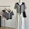 New Arrivals Open Run Women Striped Sailor Neck Short Sleeve Cardigan