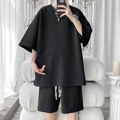 Summer Solid Color Short-sleeved T-shirt Suit Men's Casual Loose Fashion Waffle Five-point Pants Sports Suit