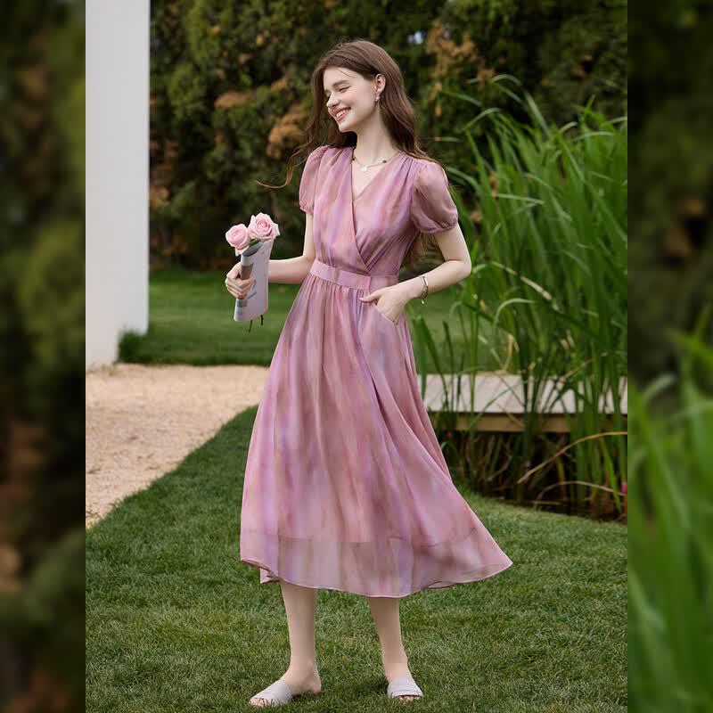 French Romantic Tie-Dye V-Neck Maxi Dress L розовый