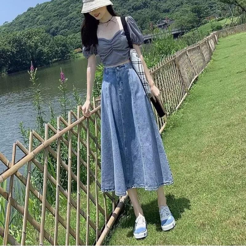 Women's High-Waist A-Line Denim Midi Skirt - Big Swing, New Spring/Summer
