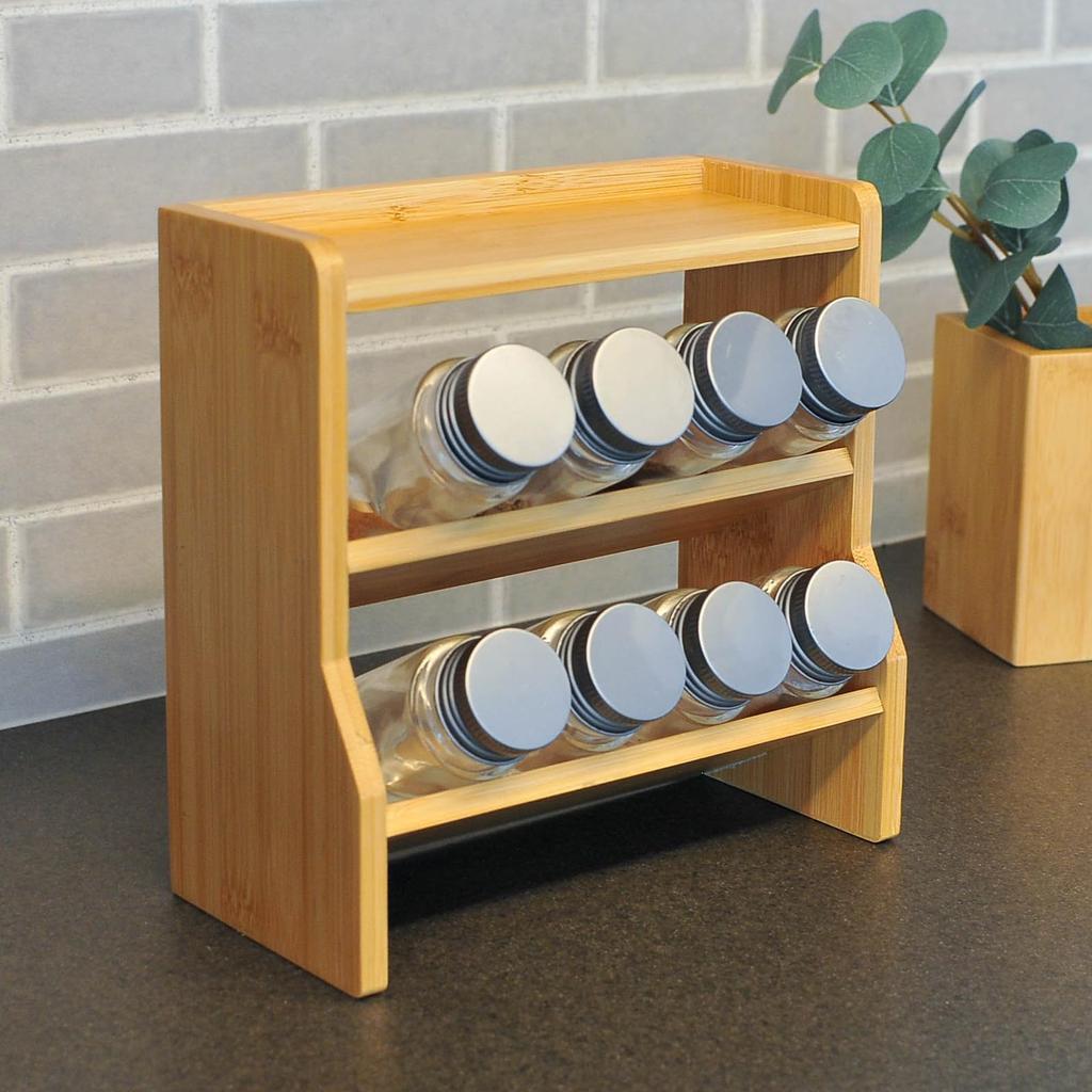 [FSC Product] TAKEMI Slim 3-Tier Bamboo Spice Rack (Kitchen Condiment Storage) - Stylish, Large Capacity, Slanted Condiment Rack for Tabletop Use