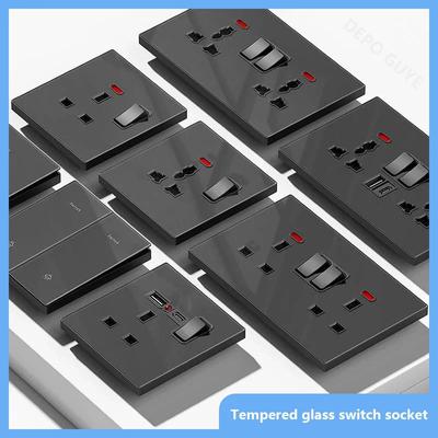UK Standard 20W Type-C Quick Charge Socket Universal Wall 2Way Light Switch,Black Tempered Glass Double 3pin USB Power Outlet