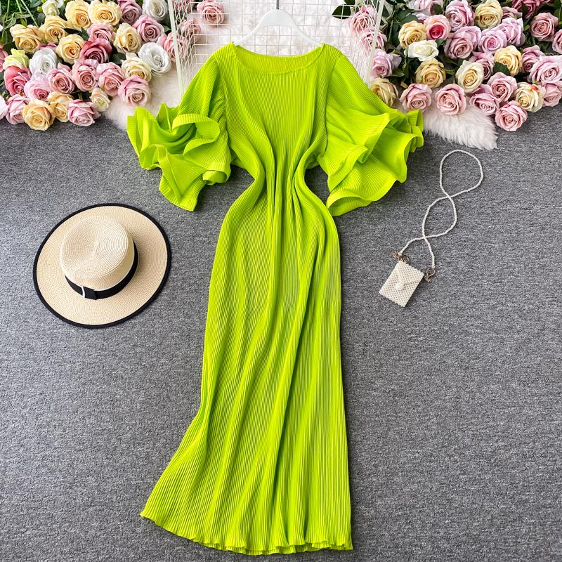 French Bellflower Fairy Mori Lotus Leaf Big Trumpet Sleeve Pleated Dress Mopping the Floor and Swinging Temperament Long Dress