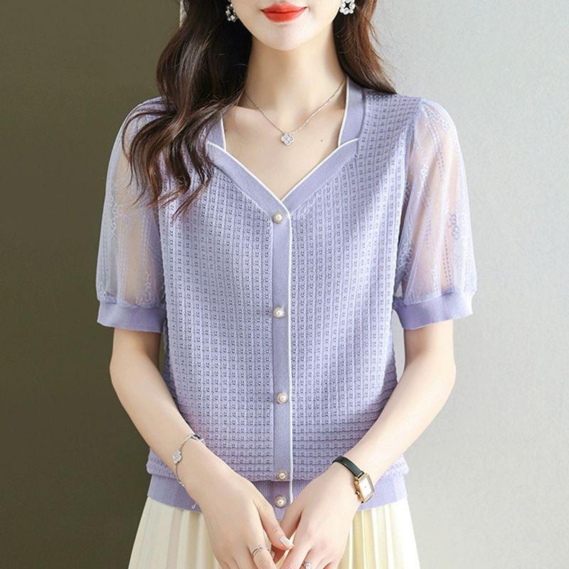 

Летние Новые Женские Футболки Корейская Мода Однотонный V-образный Вырез Кружево Ажурный Пуговица Ледяной Шелк Тонкий С Коротким Рукавом Пуловеры Вязаные Топы M фиолетовый