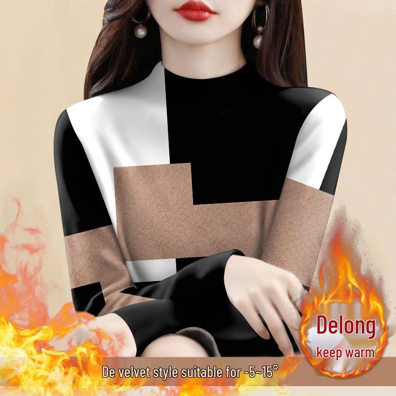 Women's Plus Size Fleece Lined Semi-High Neck Long Sleeve T-Shirt