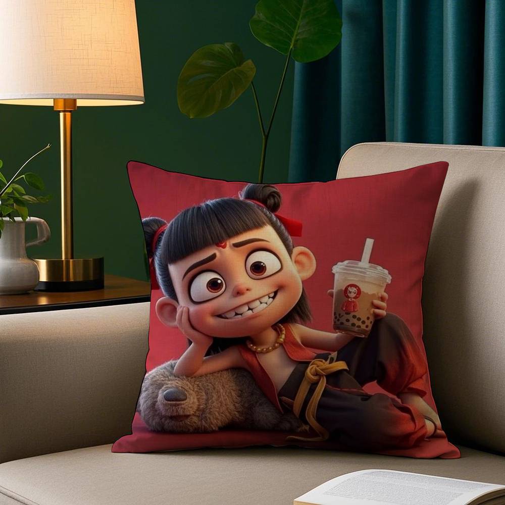 

Cartoon Movie Nezha Pillow Case Plush Fabric Soft Pillowcase Double Sided Print Sofa Cushion Cover Throw 18x18Inch