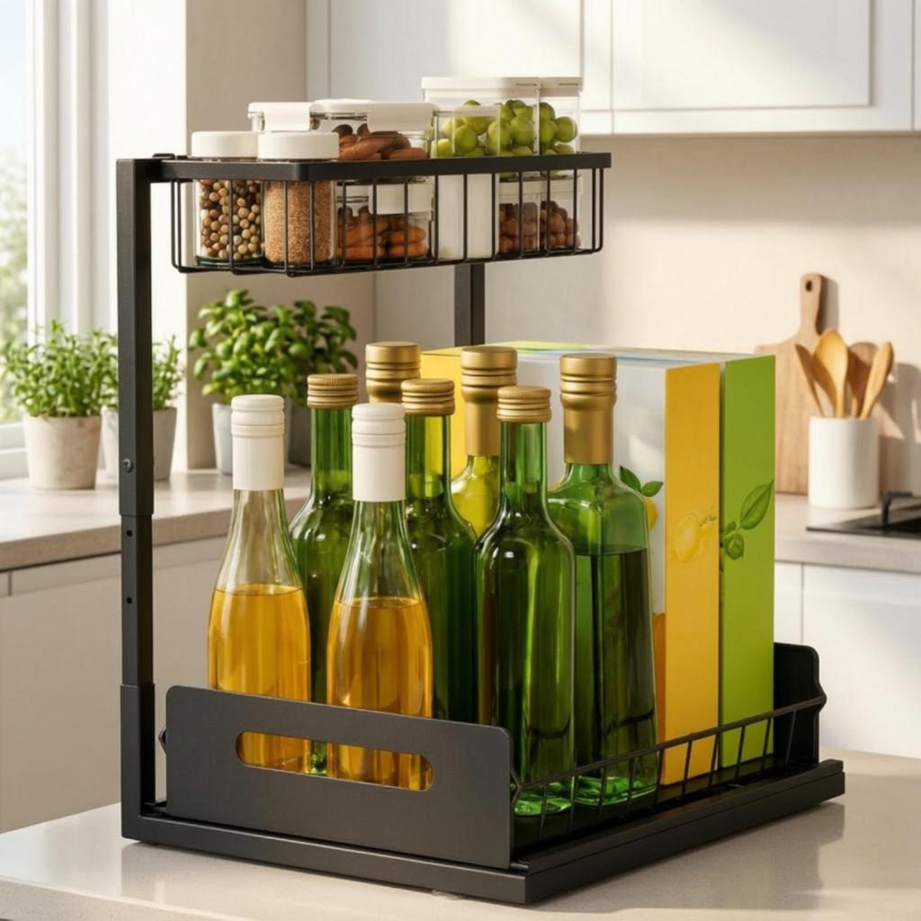 Adjustable Cabinet Organizer Rack Stable Under-Sink with Pull-out Basket