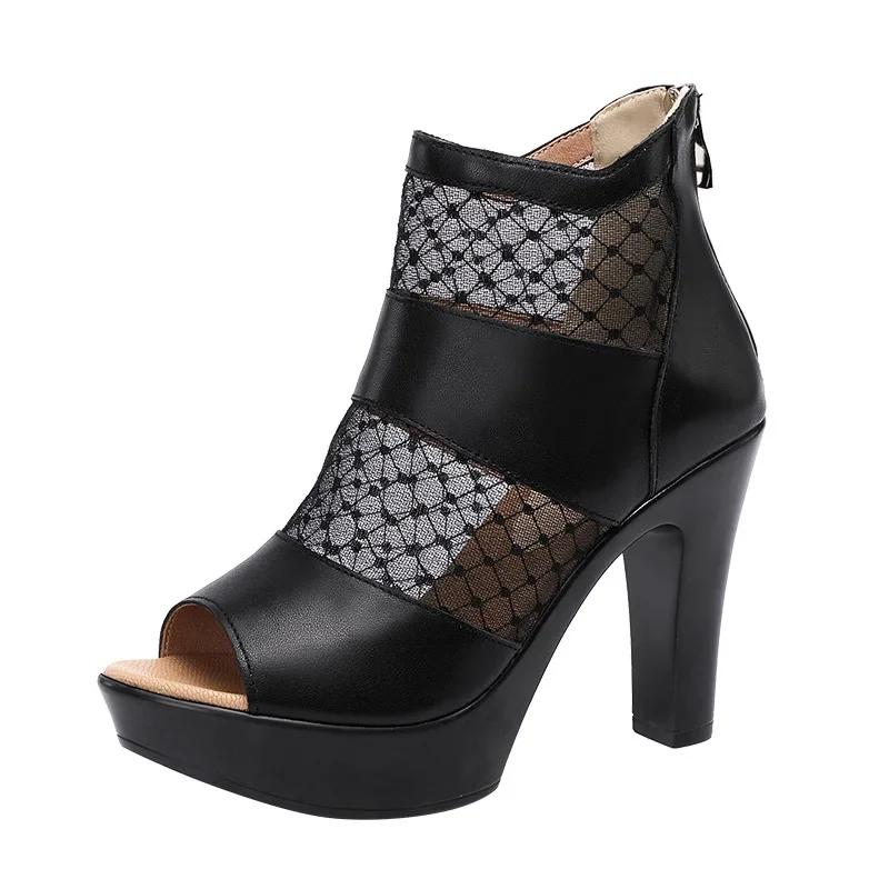 8cm 10cm Small Size 32-43 Mesh Leather Shoes Platform Sandals 2025 Summer Block High Heels Gladiator Sandals Office Model