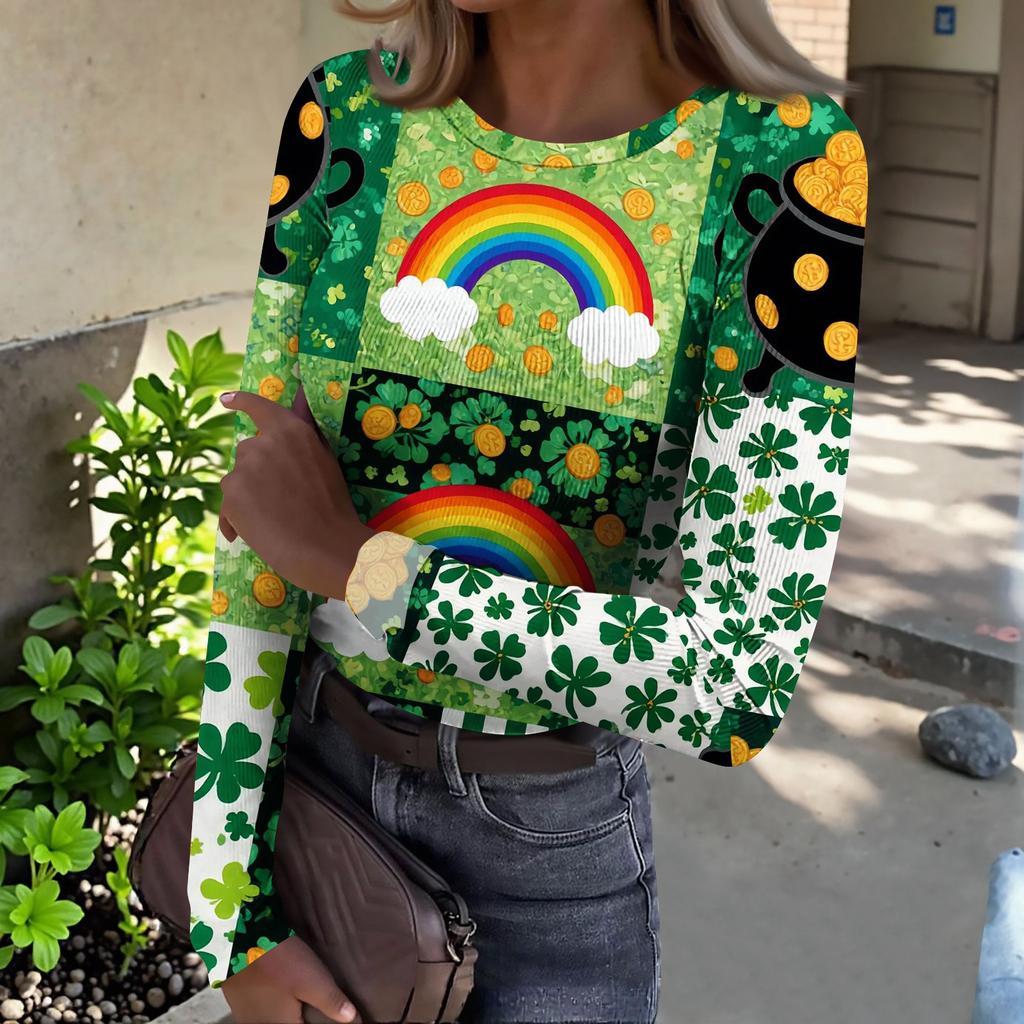 Women's And Winter Slim T-shirt Fashion Casual Printing Round Neck Pullover Long Sleeve Top