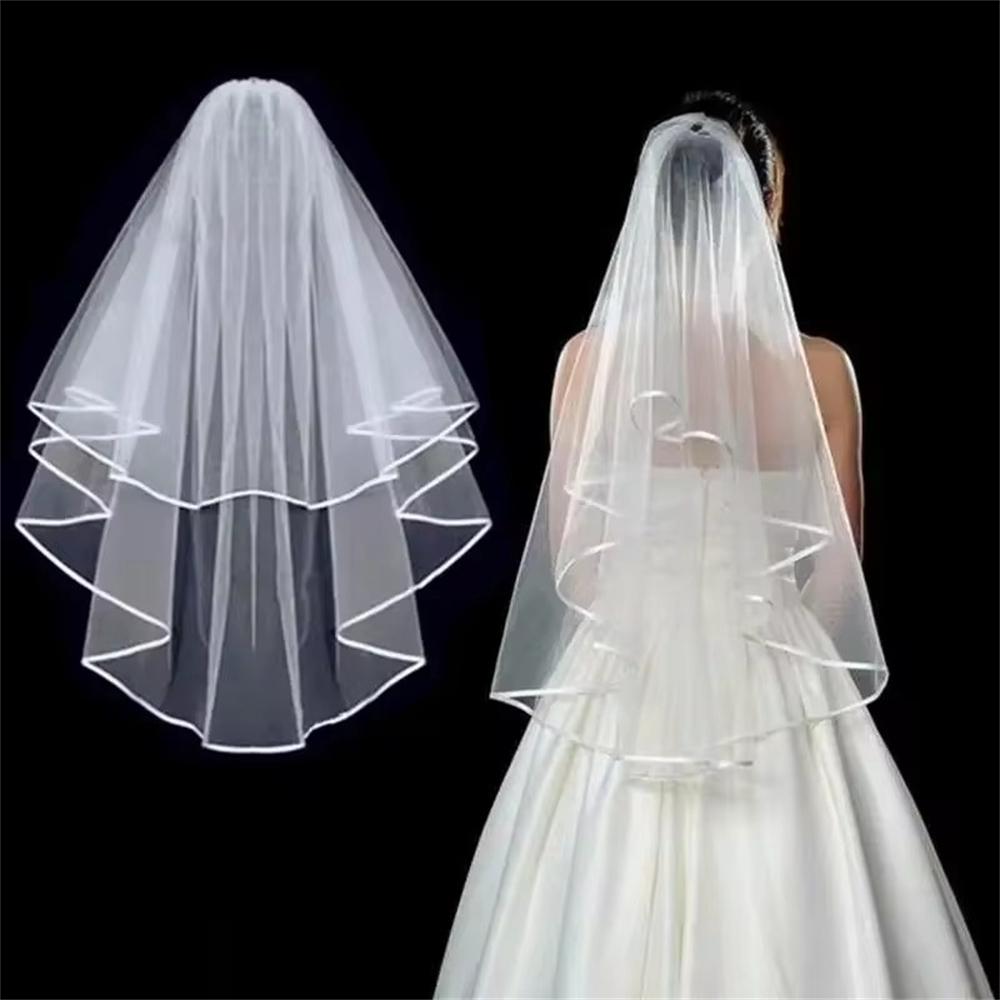 1pc White Simple Ribbon Edge Soft Tulle Wedding Veils with Comb Marriage Wedding Accessories